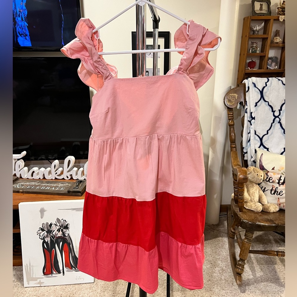 LC Lauren Conrad Pink and Red Tiered Ruffle Strap Mini Dress